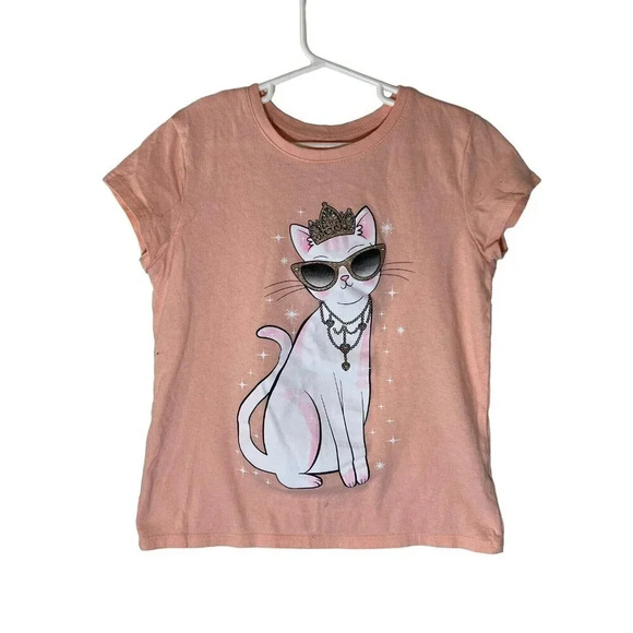 The Childrens Place Girls Cat T Shirt Medium Glitter Peach Pink Short Sleeve Kid - Picture 1 of 6